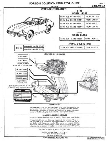 1975 Mitchell Foreign Car Collision Estimator Guide 240Z-260Z - Service
