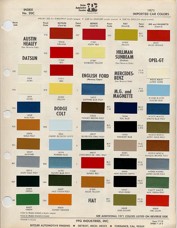 Classic Car Paint Color Chart