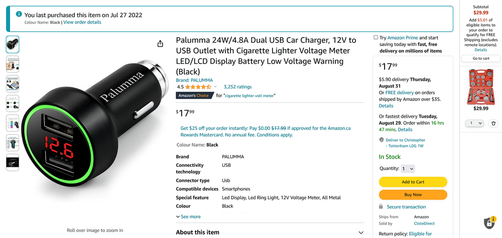 Screenshot 2023-08-27 at 07-12-28 Palumma 24W_4.8A Dual USB Car Charger 12V to USB Outlet with Cigarette Lighter Voltage Meter LED_LCD Display Battery Low Voltage Warning (Black) Amazon.ca Electronics.png