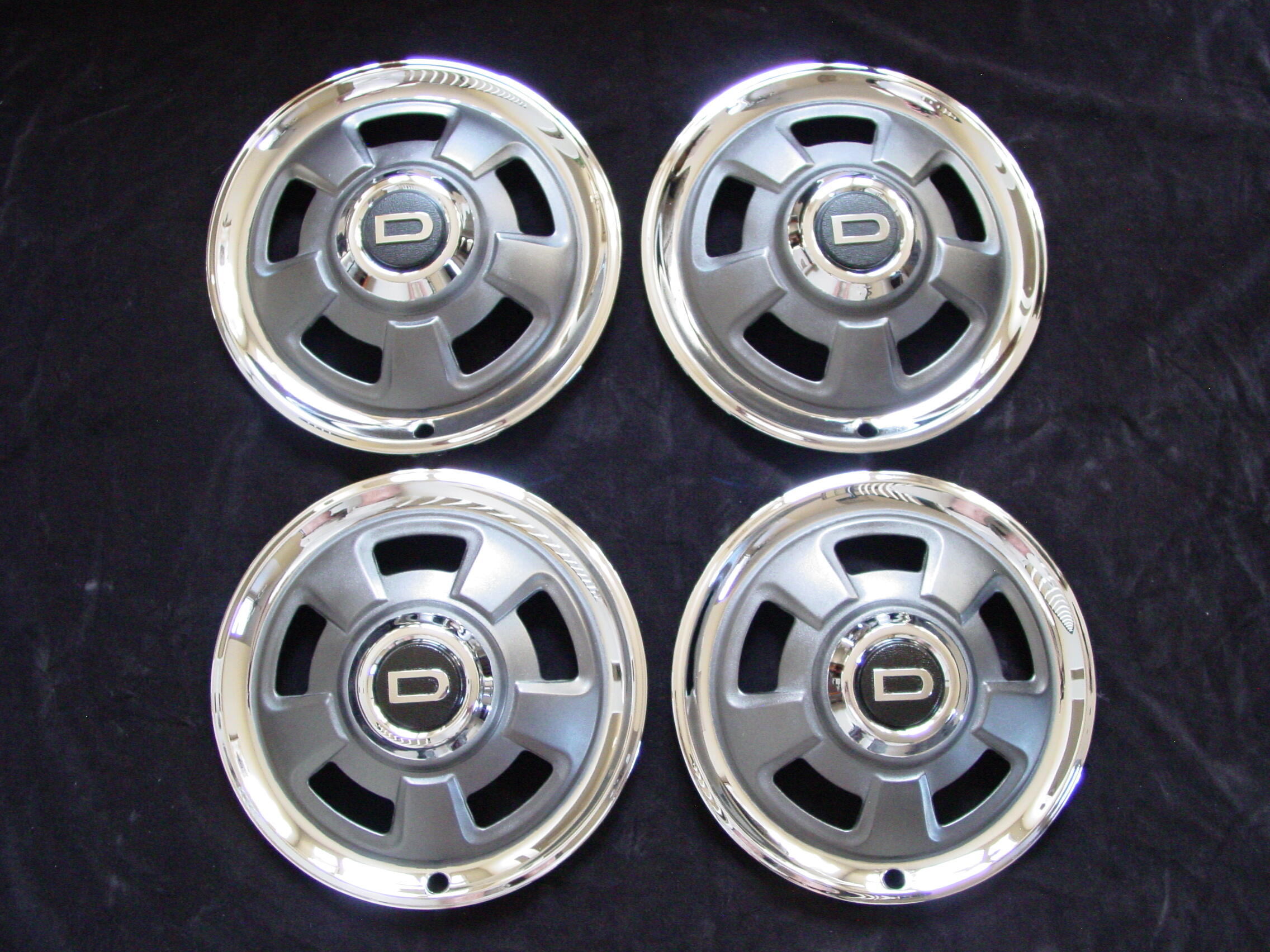 Set of 4 1970-1971 Datsun 240Z "D" Hubcaps Professionally Rechromed & Repainted!